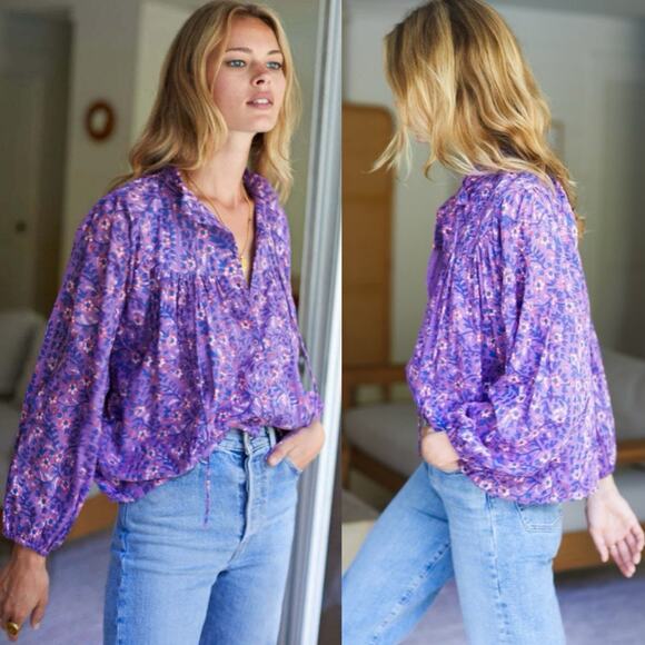 Emerson Fry Emmaline Blouse Violet Wildflowers Cotton Peasant Prairie Top Size S - Picture 5 of 13